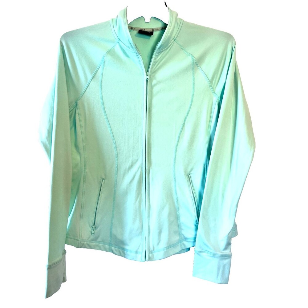 Zelos Pale Green Full Zip Athletic Jacket Thumb sleeves front pockets Size Lg.
